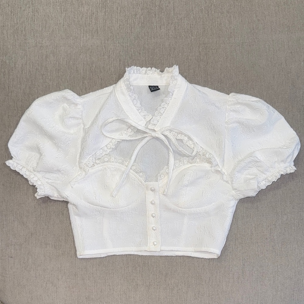Elegant White Cropped Tie Neck Puff Sleeve Frill Trim Crop Blouse